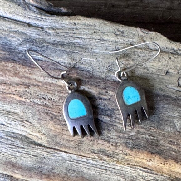 Vintage Bear Paw Sterling Silver Turquoise Inlay Dangle Earrings 3.15g - Picture 1 of 7